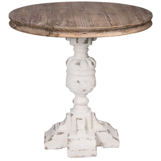 Round Pedestal End Table, 31.5 in Diameter with Brown Top and White Base