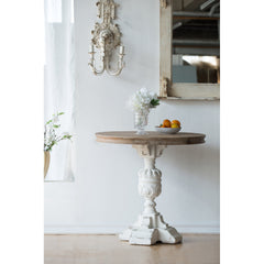 Round Pedestal End Table, 31.5 in Diameter with Brown Top and White Base