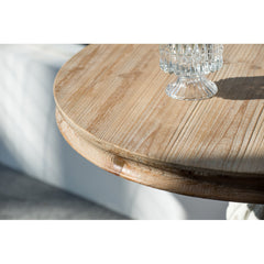 Round Pedestal End Table, 31.5 in Diameter with Brown Top and White Base