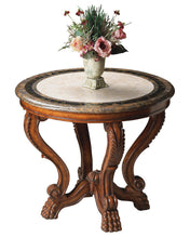 Round Pedestal Table, Stone Veneer Top in Off White with Brown Base