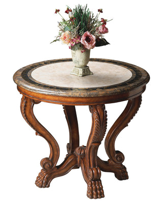 Round Pedestal Table, Stone Veneer Top in Off White with Brown Base