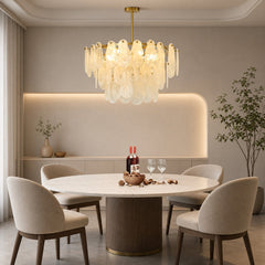 Round Pendant Light, 3-Tier Cloud Glass with Gold Metal Frame