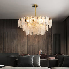 Round Pendant Light, 3-Tier Cloud Glass with Gold Metal Frame