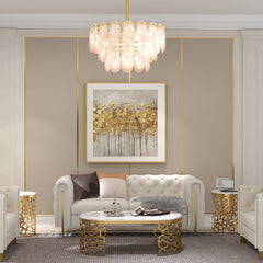 Round Pendant Light, 3-Tier Cloud Glass with Gold Metal Frame