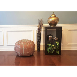 Round Pouffe, Genuine Leather with Brown Upholstery