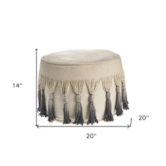 Round Pouffe in Beige Ombre with Scalloped Edges