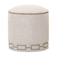 Round Pouffe, Linen Blend Upholstery with Gold Nail Head Trim