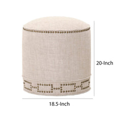 Round Pouffe, Linen Blend Upholstery with Gold Nail Head Trim