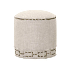 Round Pouffe, Linen Blend Upholstery with Gold Nail Head Trim