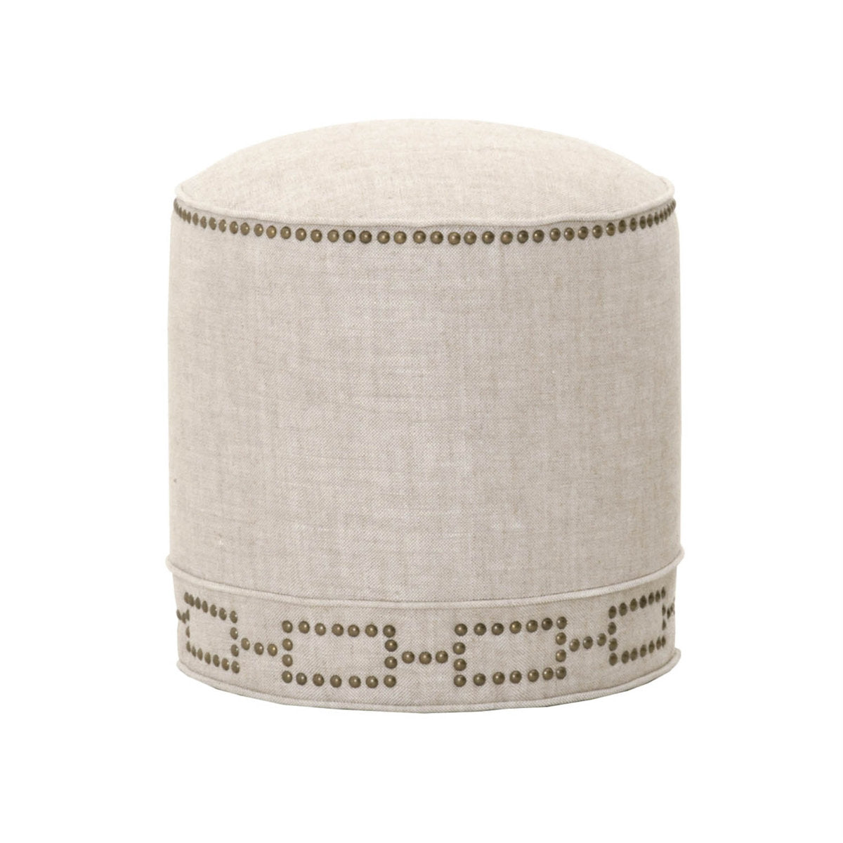Round Pouffe, Linen Blend Upholstery with Gold Nail Head Trim