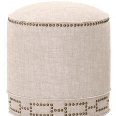 Round Pouffe, Linen Blend Upholstery with Gold Nail Head Trim