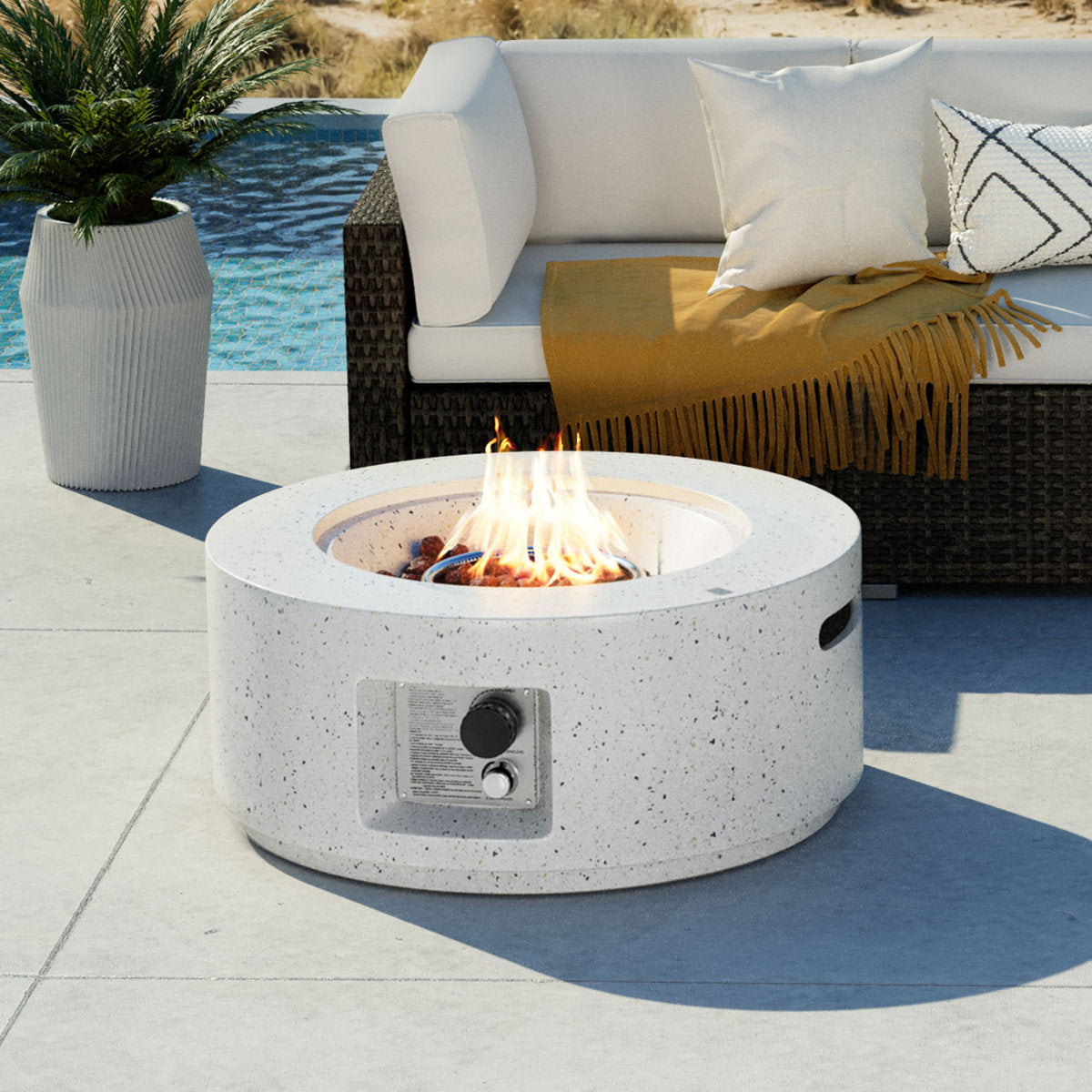 Round Propane Fire Pit Table, 40,000 BTU, White Concrete