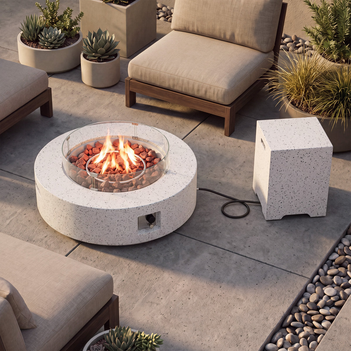 Round Propane Fire Pit Table with Glass Wind Guard and Tank Cover