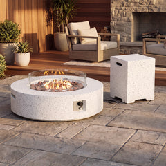 Round Propane Fire Pit Table with Glass Wind Guard and Tank Cover