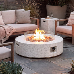 Round Propane Fire Pit Table with Glass Wind Guard and Tank Cover