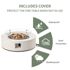 Round Propane Fire Pit Table with Glass Wind Guard and Tank Cover
