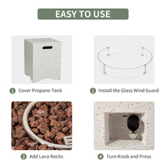Round Propane Fire Pit Table with Glass Wind Guard and Tank Cover