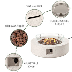 Round Propane Fire Pit Table with Glass Wind Guard and Tank Cover