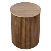 Round Side Table, 19 in Tall, White Stone Top with Brown Wood Base