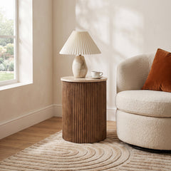 Round Side Table, 19 in Tall, White Stone Top with Brown Wood Base