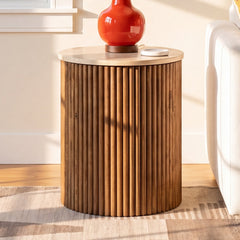 Round Side Table, 19 in Tall, White Stone Top with Brown Wood Base