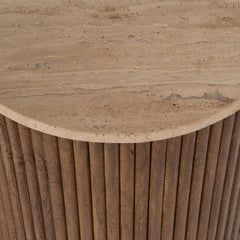 Round Side Table, 19 in Tall, White Stone Top with Brown Wood Base
