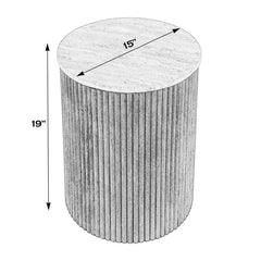 Round Side Table, 19 in Tall, White Stone Top with Brown Wood Base