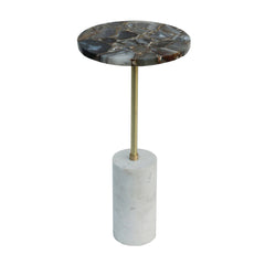 Round Side Table, 24 in Tall, Black Stone Top with Brass and White Marble Base