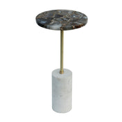 Round Side Table, 24 in Tall, Black Stone Top with Brass and White Marble Base