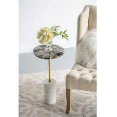 Round Side Table, 24 in Tall, Black Stone Top with Brass and White Marble Base