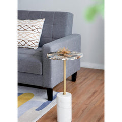 Round Side Table, 24 in Tall, Black Stone Top with Brass and White Marble Base