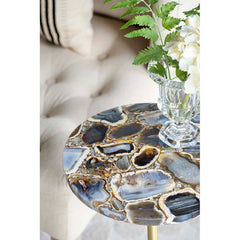 Round Side Table, 24 in Tall, Black Stone Top with Brass and White Marble Base