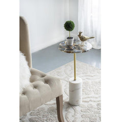 Round Side Table, 24 in Tall, Black Stone Top with Brass and White Marble Base