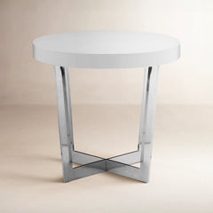 Round Side Table, 24 in Wide, Manufactured Wood Top with Stainless Steel Base