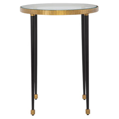 Round Side Table, Gold Rim and Clear Glass Top with Black Iron Base