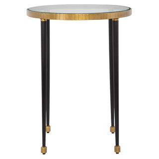 Round Side Table, Gold Rim and Clear Glass Top with Black Iron Base