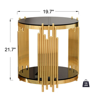 Round Side Table, Gold Stainless Steel Base with Black Tempered Glass Top