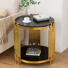 Round Side Table, Gold Stainless Steel Base with Black Tempered Glass Top