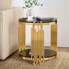 Round Side Table, Gold Stainless Steel Base with Black Tempered Glass Top