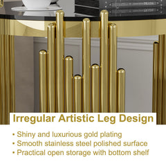 Round Side Table, Gold Stainless Steel Base with Black Tempered Glass Top