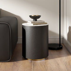 Round Side Table, Marble White Slate Top with Black Metal Frame