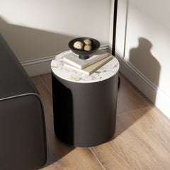 Round Side Table, Marble White Slate Top with Black Metal Frame