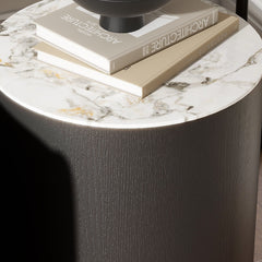 Round Side Table, Marble White Slate Top with Black Metal Frame