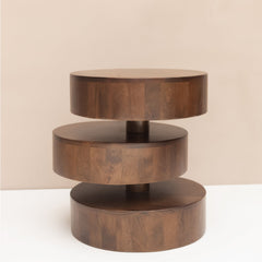Round Side Table, Solid Mango Wood with Natural Top and Brown Base