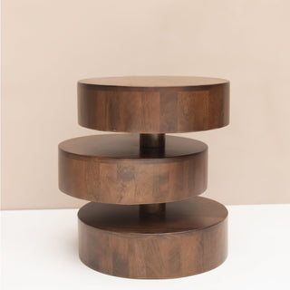 Round Side Table, Solid Mango Wood with Natural Top and Brown Base