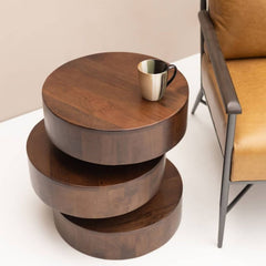 Round Side Table, Solid Mango Wood with Natural Top and Brown Base