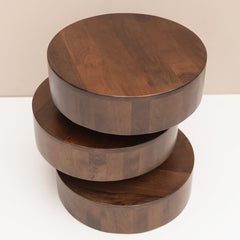 Round Side Table, Solid Mango Wood with Natural Top and Brown Base