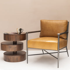 Round Side Table, Solid Mango Wood with Natural Top and Brown Base