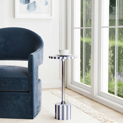 Round Side Table with Bone Inlay in Gray and Silver