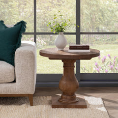 Round Side Table with Pedestal Base, Solid Pine, Mission Brown